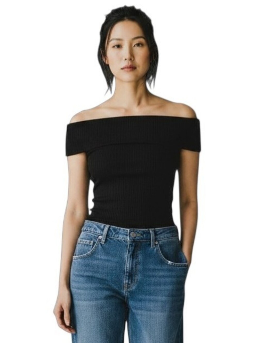 Aritzia Black Off-Shoulder Ribbed Top